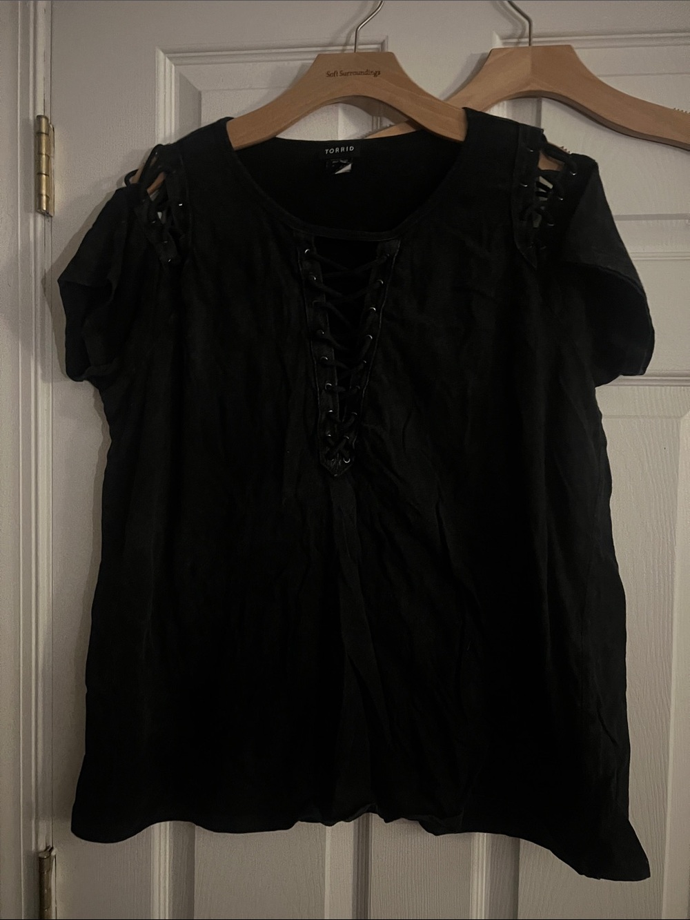 torrid Black Lace-Up Cold Shoulder Short Sleeve Top